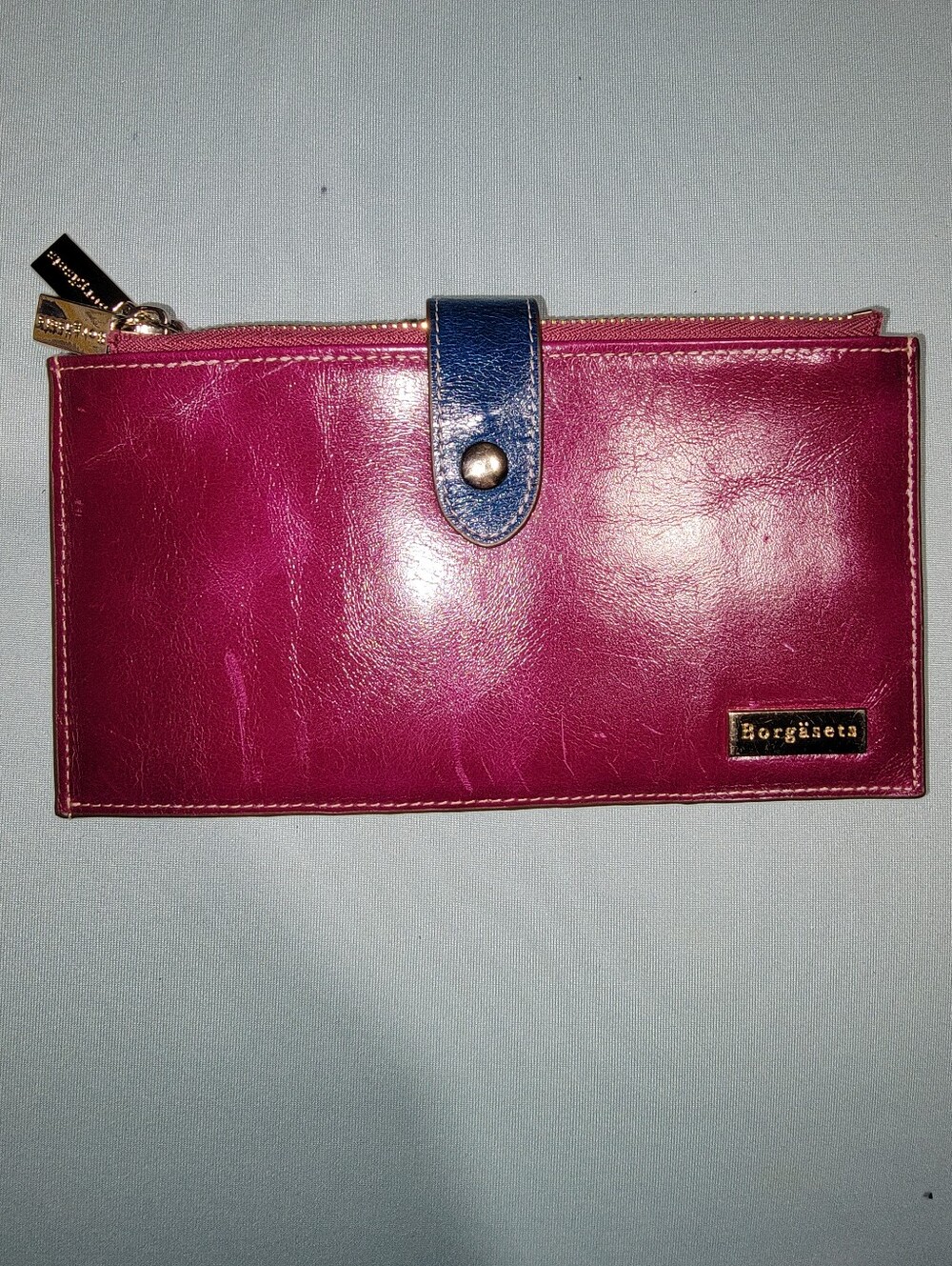Handmade Borgasets Magenta Pink Leather Wallet with Navy Blue Snap Strap